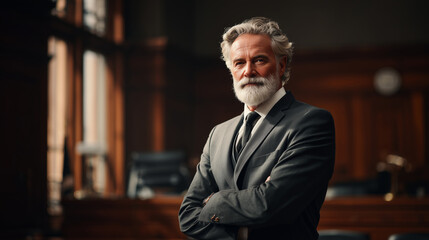 Fototapeta premium Authentic courtroom portrait of prosecutor speaking confidently, cinematic legal atmosphere