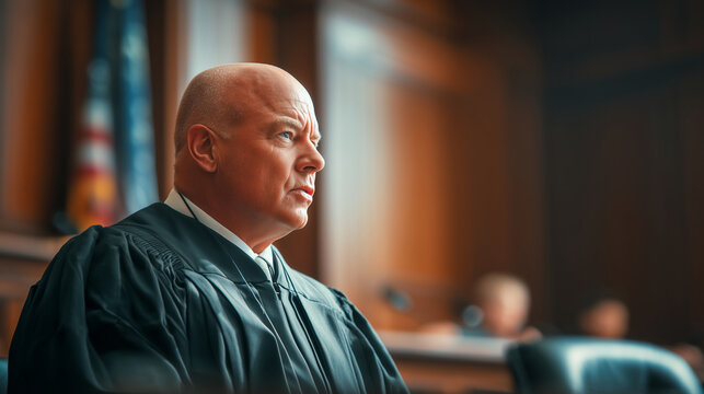 Realistic judge portrait during courtroom conversation, blurred background, soft shadows