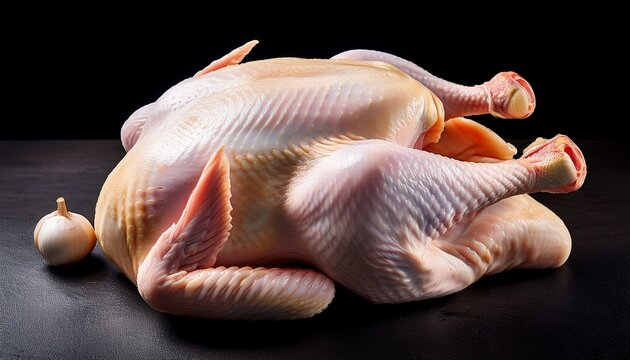 a raw whole chicken with skin ready for cooking against a black background