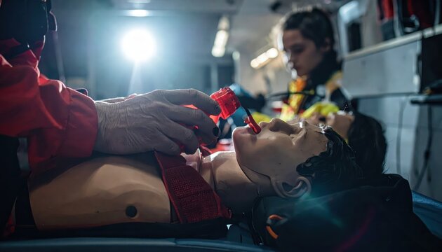 Paramedic provides simulated resuscitation using an Ambu bag on a training dummy in an ambulance
