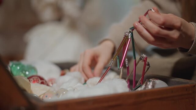 Hands sorting ornaments from open box caucasian woman selecting colorful glass balls and tinsel from storage, careful fingers arranging string and ribbon, soft bokeh background, warm living room vibe,