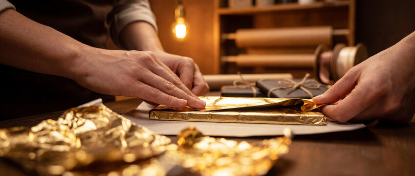 Hands wrapping a gold foil gift in a cozy workshop &mdash; handmade gift packaging for small business