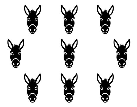 Black and white illustration with nine symmetrical donkey head silhouettes arranged in three rows. Each head faces forward