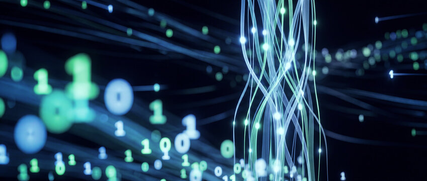 High-speed digital data stream with fiber optic lines and floating binary code for network technology