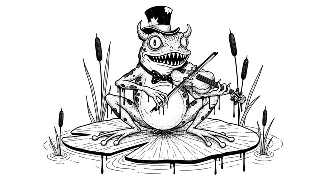 Spooky Frog Musician Playing Violin on Lily Pad.