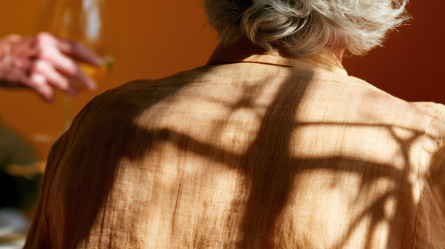 Soft linen shirt fabric with window shadow and tree branch pattern on back, warm home interior, natural light, elegant texture