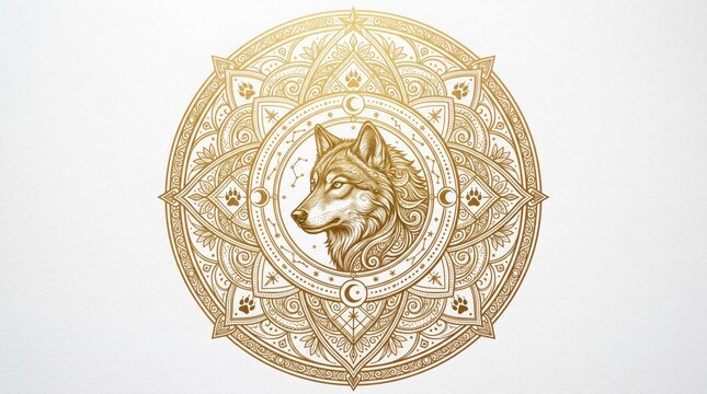 Golden wolf head mandala illustration