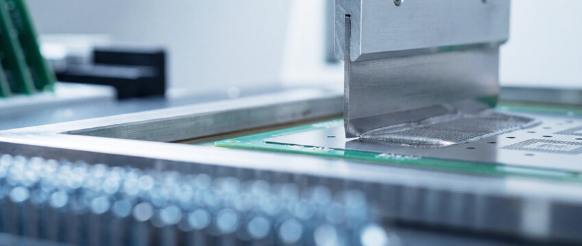 Automated soldering machine applying solder paste to printed circuit board in electronics manufacturing