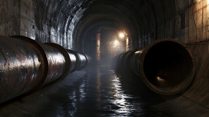 Naklejka premium Dark tunnel with large pipes and water on the ground in an underground location at night