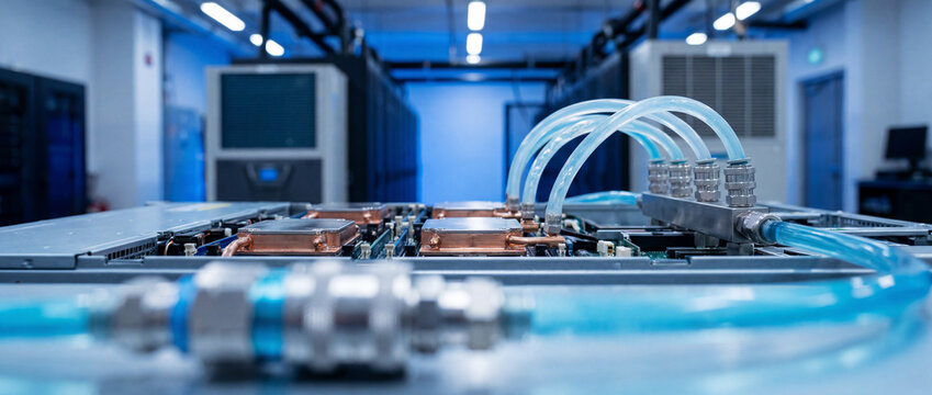 Liquid-cooled servers in modern data center rack with transparent cooling tubes and copper heat sinks