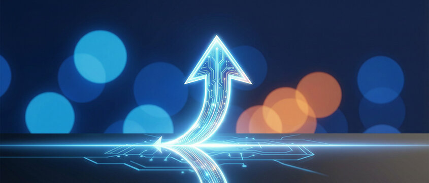 A glowing digital arrow splits into two paths, symbolizing growth and progress against a backdrop of blue and orange bokeh lights.