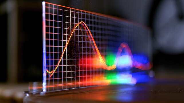 Network security traffic graph acrylic grid panel laser light projection plexiglass surface macro shot side angle shallow depth dark room ambient light negative space