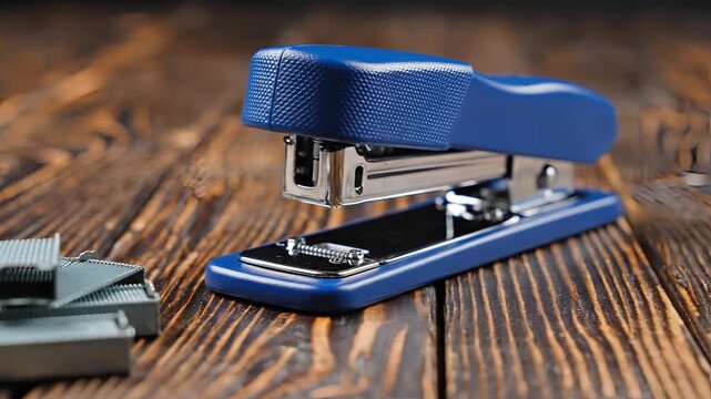 Blue Stapler and Staples on a Wooden Desk Surface.