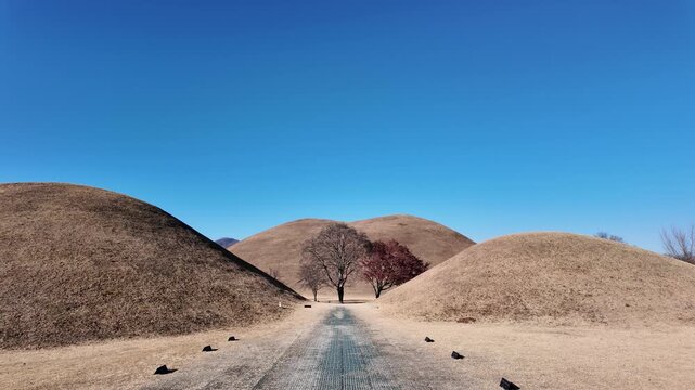 Ancient Royal Tumuli Burial Mounds at Daereungwon Tomb Complex in Gyeongju, South Korea