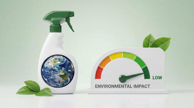 Eco Friendly Cleaning Product Environmental Impact Rating Concept with Earth Globe and Sustainability Gauge