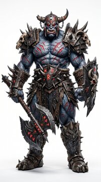 Colossal blue skinned fantasy orc brute wearing spiked skull armor holding glowing battleaxe and heavy shield on blank white background