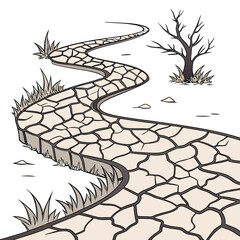 cracked earth texture with winding stone path vector illustration dry landscape arid ground tree sparse vegetation © bb2