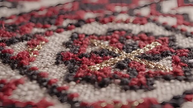 Closeup Macro Shot of Intricate Textile Pattern with Red and White Threads.