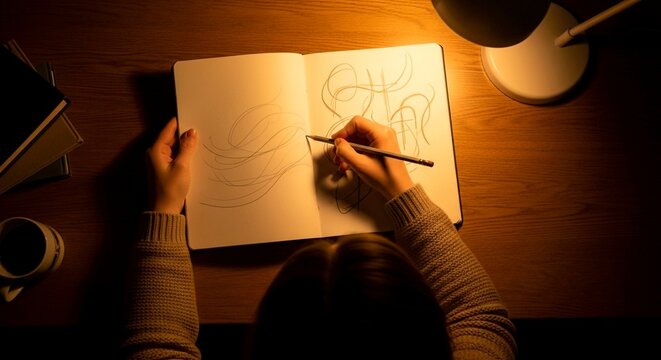 Person in a notebook on a wooden table sketching