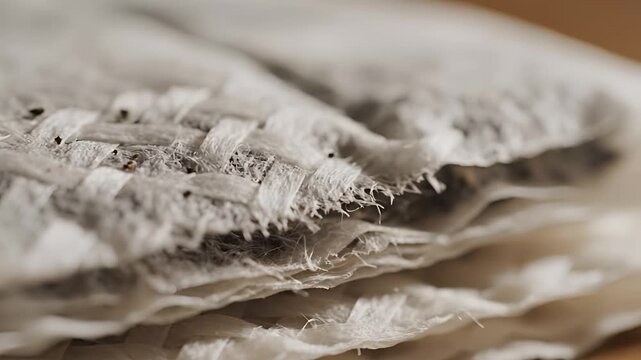 Closeup of layered textured paper with rough edges and dark specks.