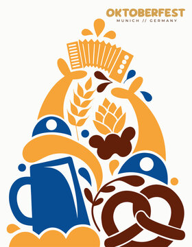 Bold paper-cutout vector: beer barrel, accordion, gold accents for German holiday graphics