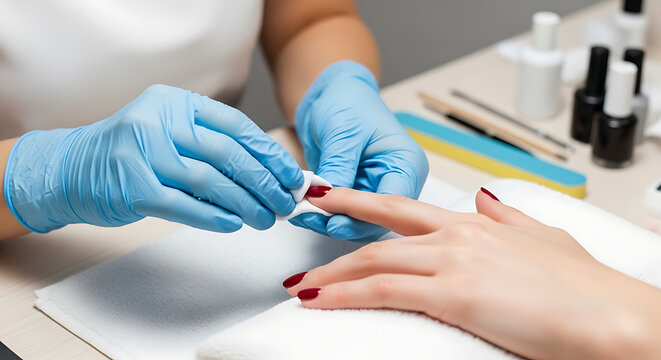 Professional female manicurist wearing protective gloves performing detailed nail polish removal procedure on client hand during vertical beauty salon session for hygiene care and treatment.