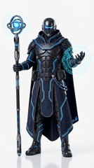Obraz premium Digital technomancer android wearing black visor helmet and robes projecting virtual hologram data from illuminated orb staff
