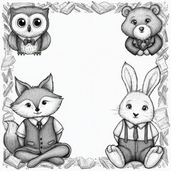 Fototapeta premium Four animal characters in school uniforms sit in corners of a frame with doodles of books and pencils surrounding a blank space for notes or drawings.