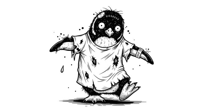 Funny cartoon penguin in a ripped shirt with wide eyes.