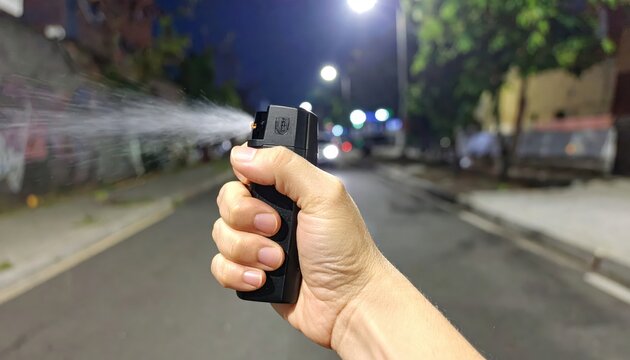 Person's hand holding a black pepper spray canister with safety cap off, discharging in the night outdoors