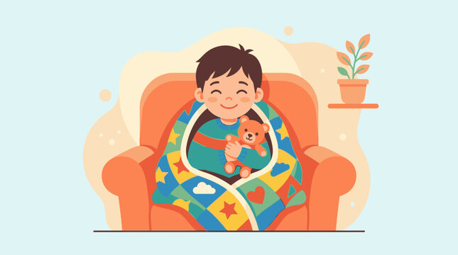 Happy boy wrapped in a colorful blanket with a teddy bear sitting on a chair, feeling cozy and safe