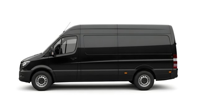 Professional black delivery van for commercial transport, isolated on a clean white studio background, showcasing its sleek design and readiness for efficient cargo logistics operations