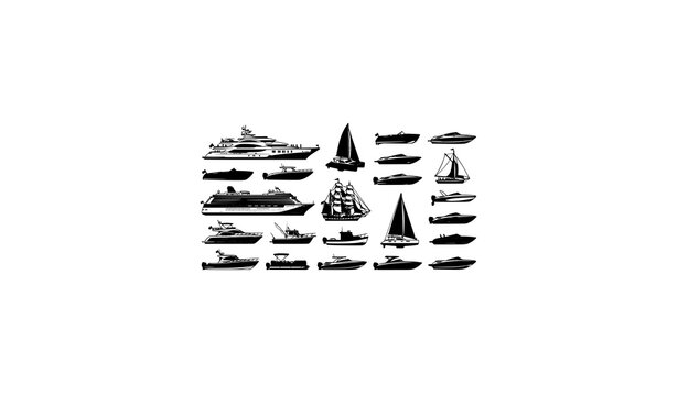 Luxury trip boat vector icon set with sailing yachts and recreational vessels isolated on white