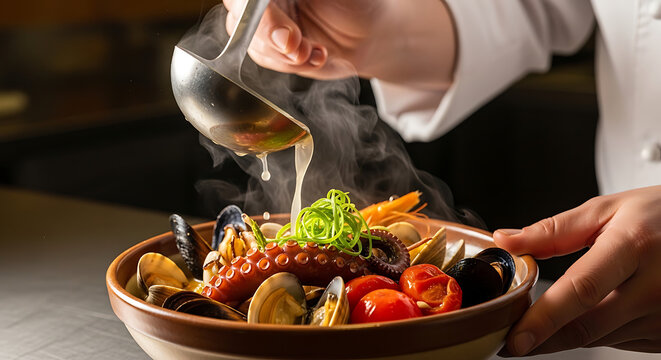 Vertical shot of professional chef pouring hot steaming savory seafood soup broth with large metal spoon into ceramic bowl prepared delicious meal gourmet culinary kitchen background