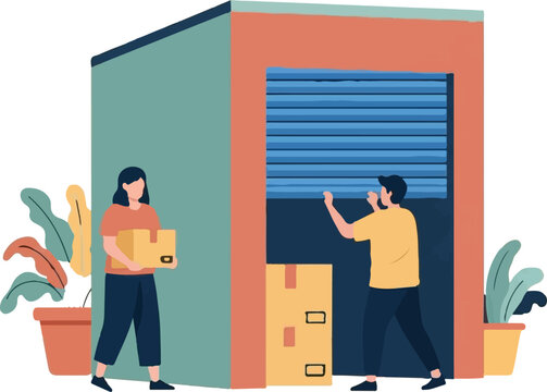 Two coworkers organizing storage unit with boxes and files.
