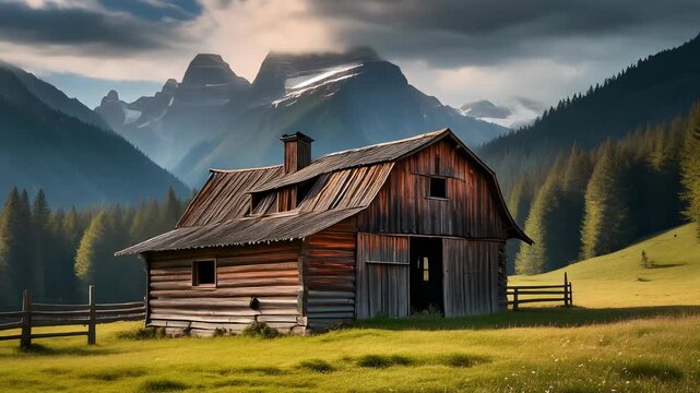Rustic barn before mountain range