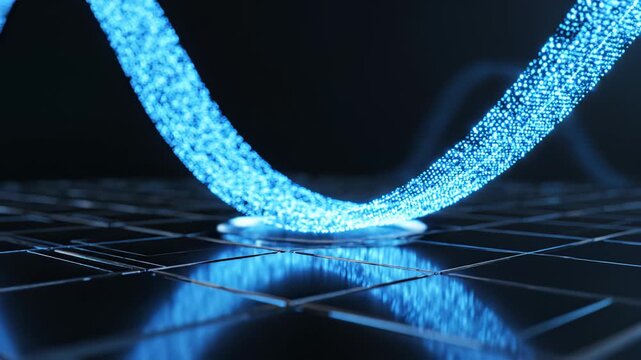 Blue glowing particle stream on grid surface emphasizing modern aesthetics and minimalist design