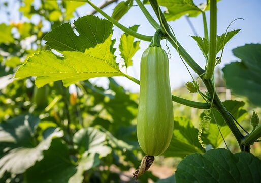 Fresh green zucchini growing on a vine in the garden illustration