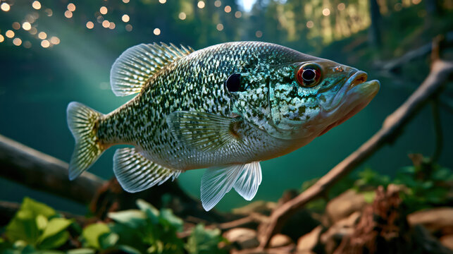 Close-up underwater view of a black crappie fish swimming in a freshwater lake with submerged logs and spring sunbeams created with Generative AI Technology, ai, generative