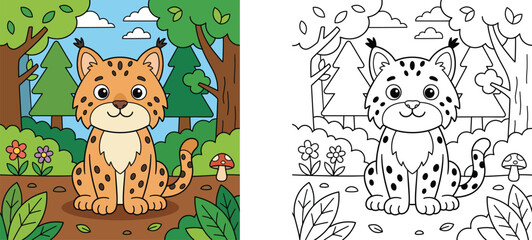 Naklejka premium Cute cartoon lynx in forest coloring page for kids with colored example and black and white outline. Educational worksheet activity vector illustration.