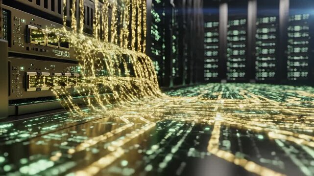 Data flow in server room highlighting artificial intelligence and digital evolution