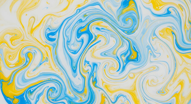 Vibrant blue and yellow oil paint swirling in liquid motion creating a marbled ink wave texture with gasoline rainbow effects and abstract colorful pigment bubbles in a blurred stream flow.