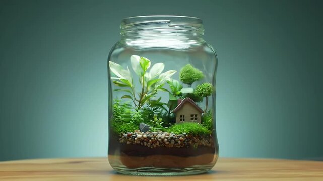 A Lush Terrace in a Glass Jar: Miniature House Scene Among Greenery
