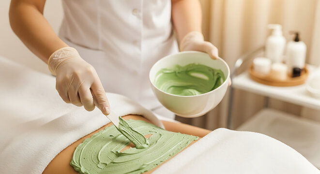 Professional aesthetician applying cooling alginate peel-off mask to female belly during luxury spa body treatment, skincare therapy in wellness clinic for skin firming, detox, and hydration.