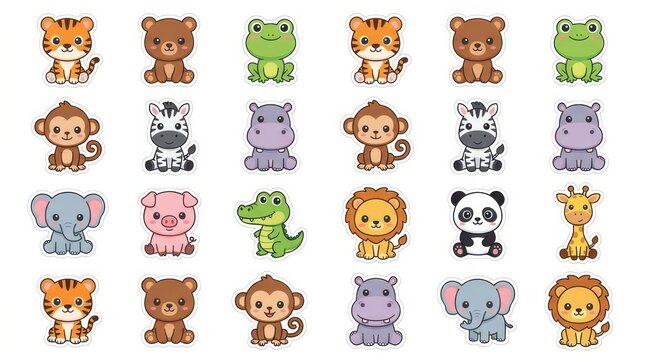 Cute cartoon animals stickers set including tiger bear frog monkey zebra hippopotamus elephant pig crocodile lion panda giraffe