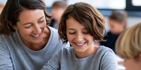 Fototapeta premium A dedicated teacher engages with her student in a warm classroom setting, fostering learning and joy, and showcasing the beauty of education through personal interaction.