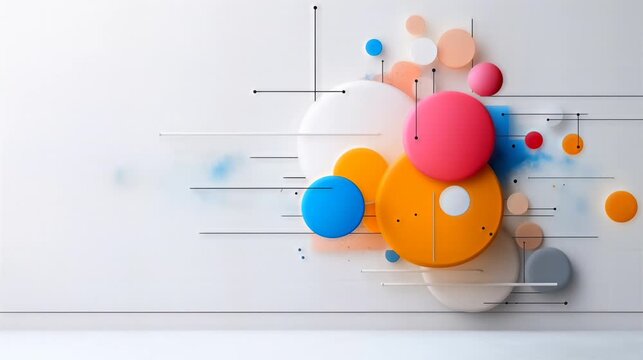 Abstract colorful geometric spheres and thin lines moving dynamically on bright white background