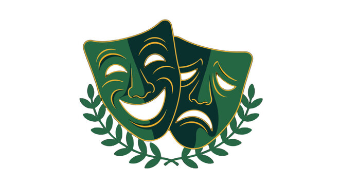 Classic Green Comedy and Tragedy Theater Masks Emblem.