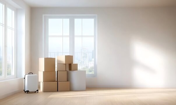 Moving boxes and suitcase in empty room with large windows and sunlight.