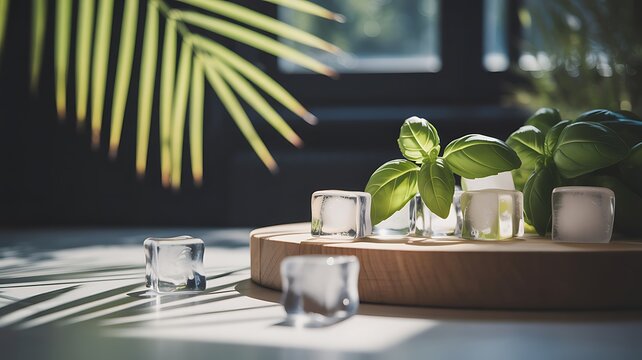  Refreshing ice cubes and vibrant green basil leaves are displayed on a wooden board with dappled sunlight
